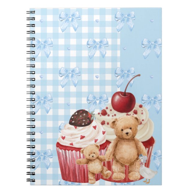 Cute Blue Gingham Teddy Bear & Ribbon Notebook (Front)