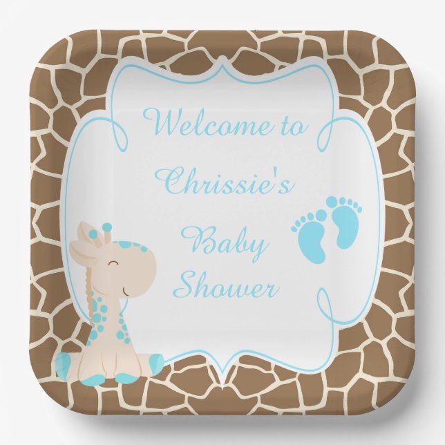 Cute Blue Giraffe Baby Shower Paper Plate (Front)