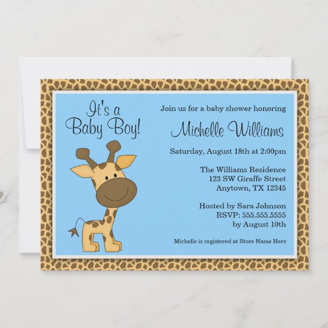 Cute Blue Giraffe Boy Baby Shower Invitation (Front)