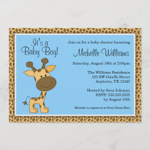 Cute Blue Giraffe Boy Baby Shower Invitation