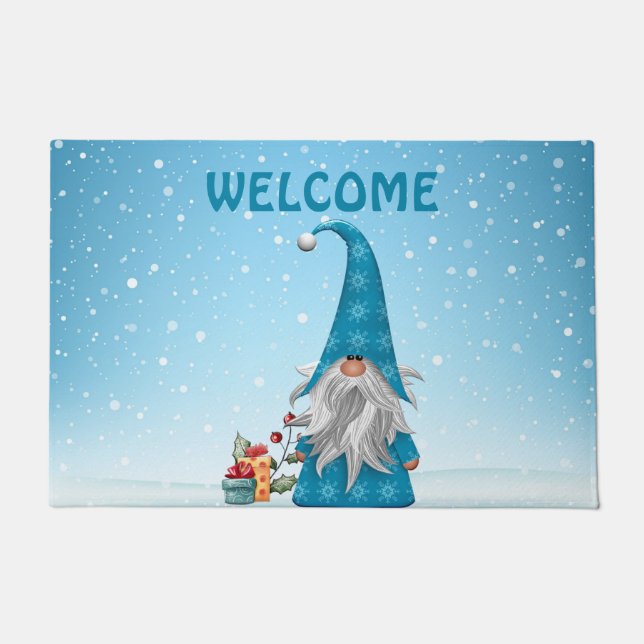Cute Blue Gnome Christmas Decor Doormat (Front)