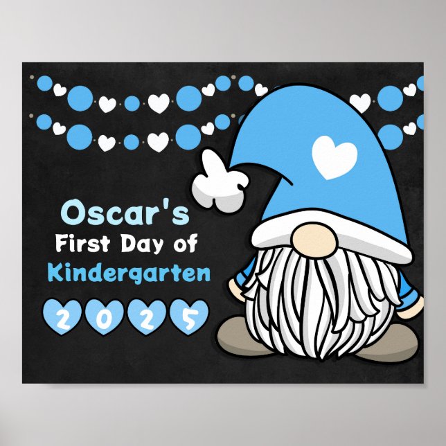 Cute Blue Gnome First Day of School Chalkboard Poster (Front)