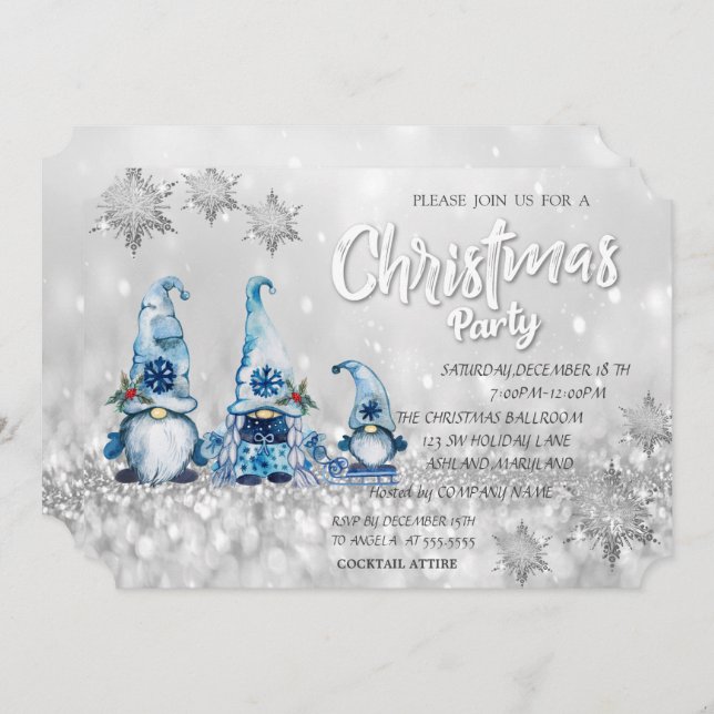 Cute Blue Gnomes Bokeh Corporate Christmas Party  Invitation (Front/Back)