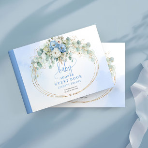 Cute Blue Gold Floral Baby Shower Guest Book