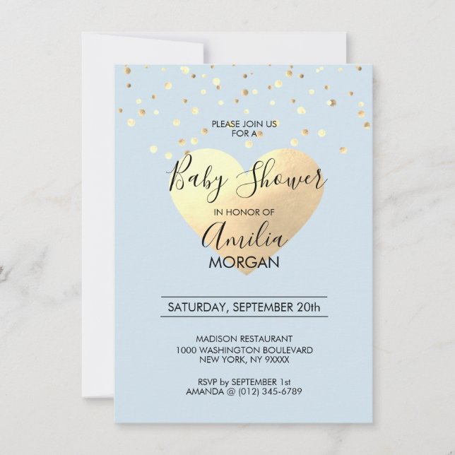 Cute Blue Gold Foil Heart Boy Baby Shower Invitation (Front)