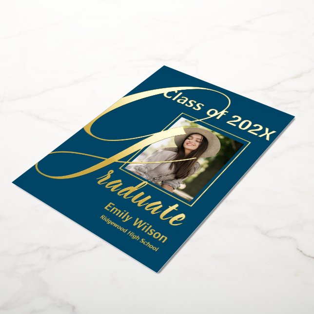 Cute Blue Gold Photo 2024 Graduate Announcement (Rotated)