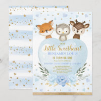 Cute Blue Gold Woodland Sweetheart 1st Birthday