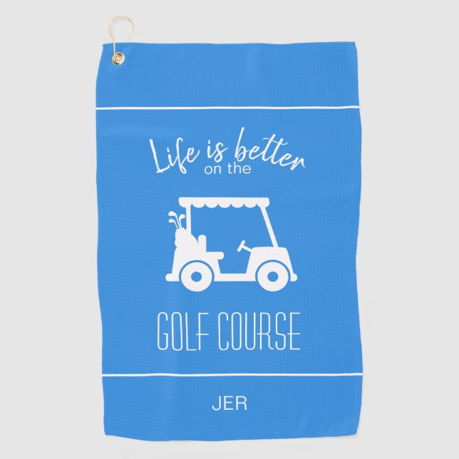 Cute Blue Golf Cart Golfer Golf Course Quote Golf Towel (Front)