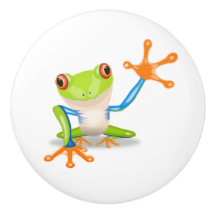 Cute blue, green and orange Frog Waving Hello Knob