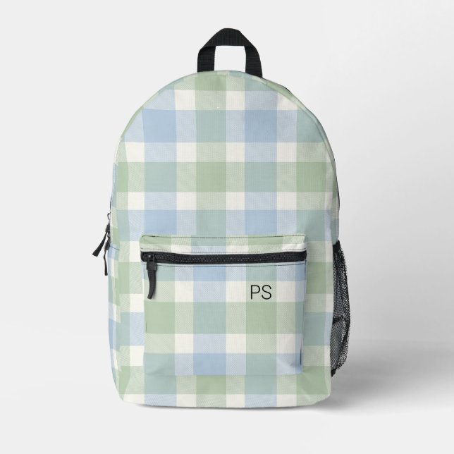 Cute Blue Green Check Plaid Monogram Initials Printed Backpack (Front)