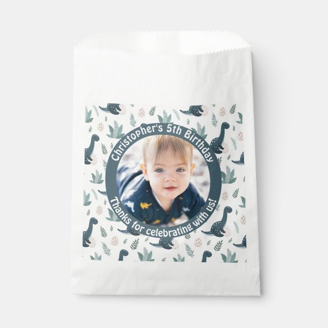 Cute Blue Green Dinosaur Custom Photo and Name Favour Bag (Front)