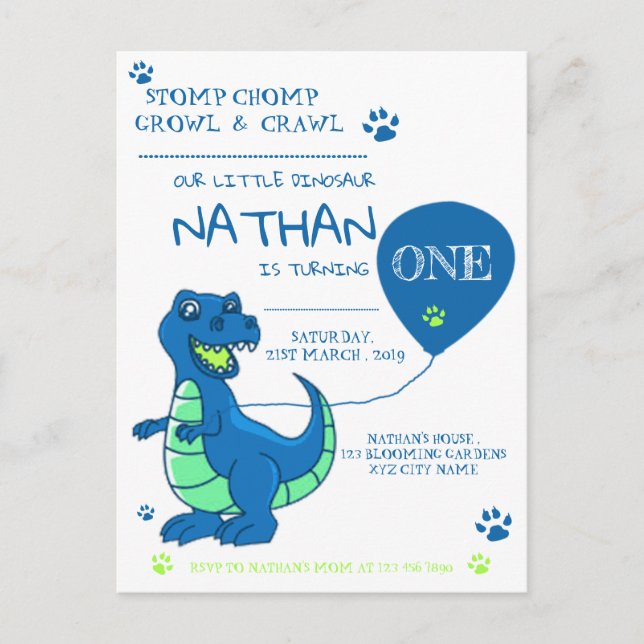 Cute Blue Green Dinosaur Themed Birthday Invitation Postcard (Front)