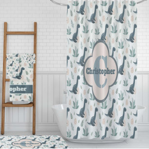 Cute Blue Green Dinosaur with Foliage and Eggs Shower Curtain