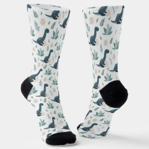 Cute Blue Green Dinosaur with Foliage and Eggs Socks