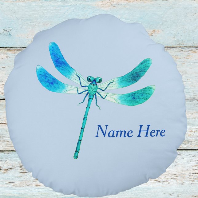 Cute Blue Green Dragonfly Monogram Name Round Cushion (Creator Uploaded)