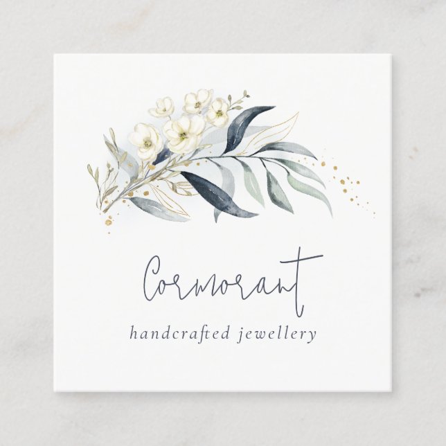 Cute Blue Green Gold Leafy Botanical Floral Bunch Square Business Card (Front)