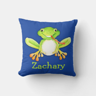 Cute blue & green kids name frog pillow