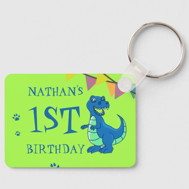 Cute Blue Green Paw Dinosaur Themed Birthday Favou Key Ring (Front)