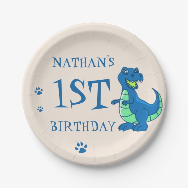 Cute Blue Green Paw Dinosaur Themed Birthday Party Paper Plate (Front)