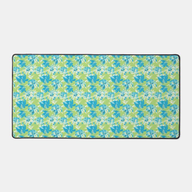 Cute blue green seamless lily floral desk mat (Front)