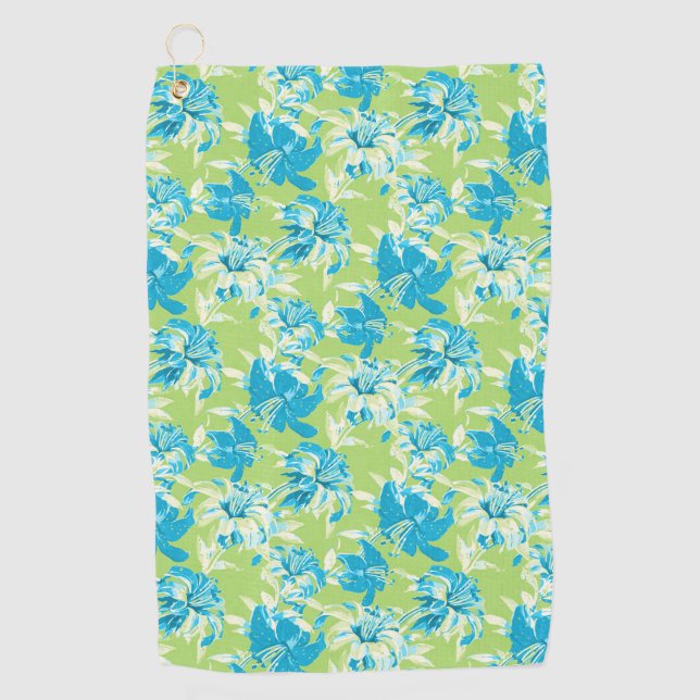 Cute blue green seamless lily floral golf towel (Front)