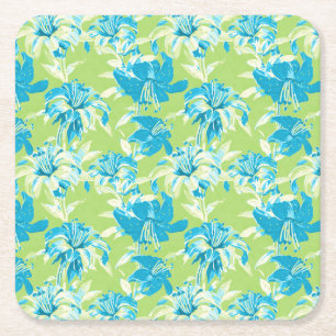 Cute blue green seamless lily floral square paper coaster