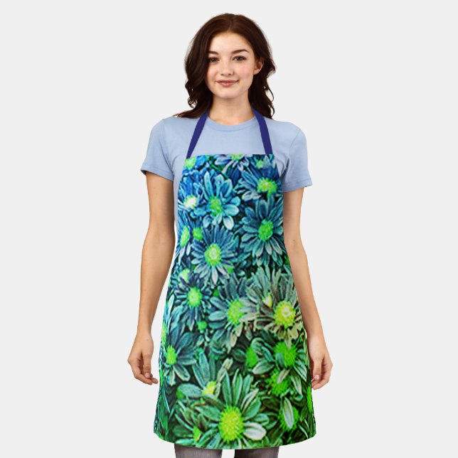 Cute Blue Green Womens Floral Chef Baker's Apron (Worn)