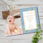 Cute Blue Greenery 1st Birthday Photo Thank You Card<br><div class="desc">Modern 1st birthday thank you photo featuring woodland greenery leaves on a blue background. Personalise with your photo and special birthday thank you message in chic gold typography. A perfect way to say thank you! Designed by Thisisnotme©</div>