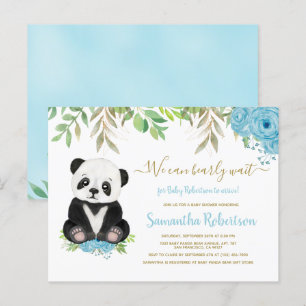 Cute Blue Greenery Gold Bear Boy Baby Shower Invitation Postcard