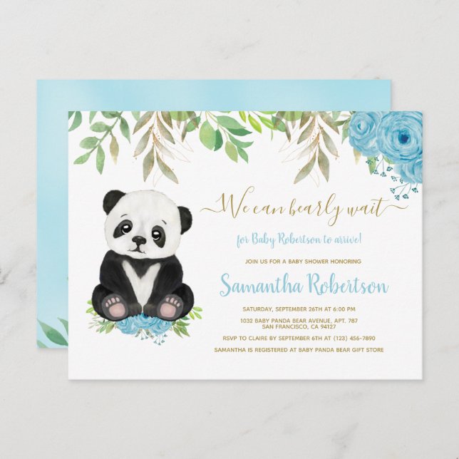 Cute Blue Greenery Gold Bear Boy Baby Shower Invitation Postcard (Front/Back)