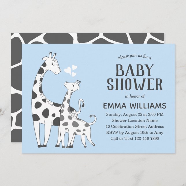 Cute Blue Grey Animal Giraffe Boy Baby Shower Invitation (Front/Back)
