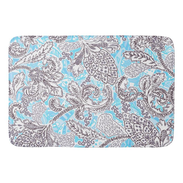 Cute blue grey classic floral bath mat (Front)
