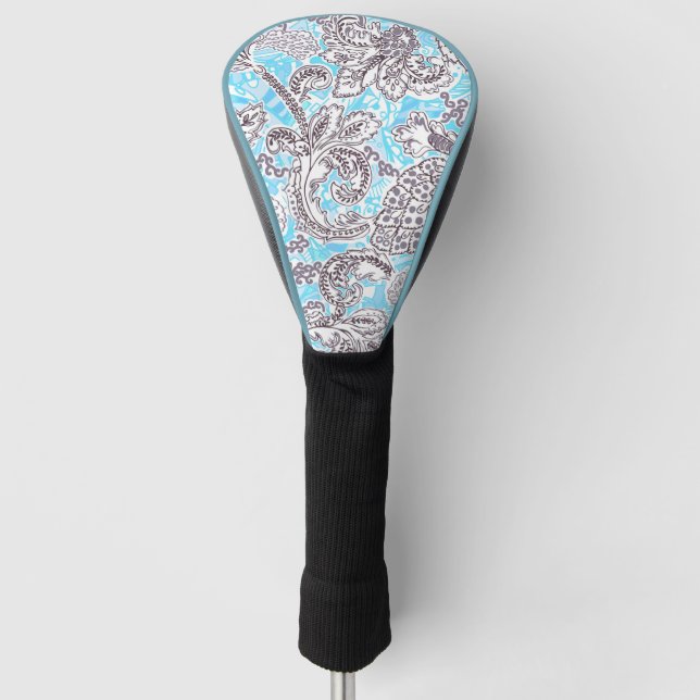 Cute blue grey classic floral golf head cover (Front)