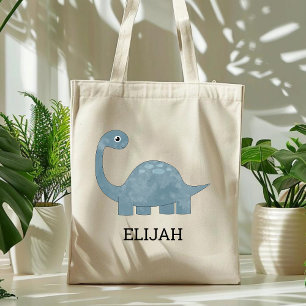 Cute Blue Grey Dinosaur Personalised Kids Tote Bag