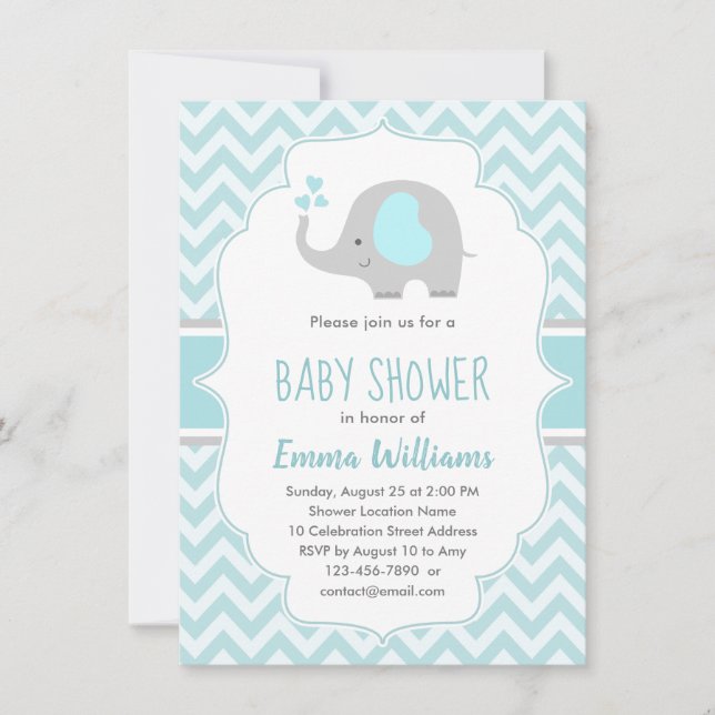 Cute Blue Grey Elephant Boy Baby Shower Invitation (Front)