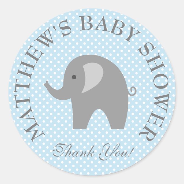 Cute blue grey elephant boys baby shower stickers (Front)