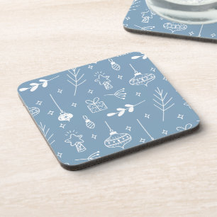 Cute Blue Grey Line Art Christmas Coaster