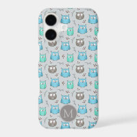 Cute Blue Grey Owl Pattern Monogram