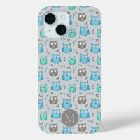 Cute Blue Grey Owl Pattern Monogram