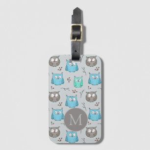 Cute Blue Grey Owl Pattern Monogram Luggage Tag