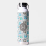 Cute Blue Grey Owl Pattern Monogram Water Bottle<br><div class="desc">Cute little owls pattern in blue and grey with optional monogram.</div>
