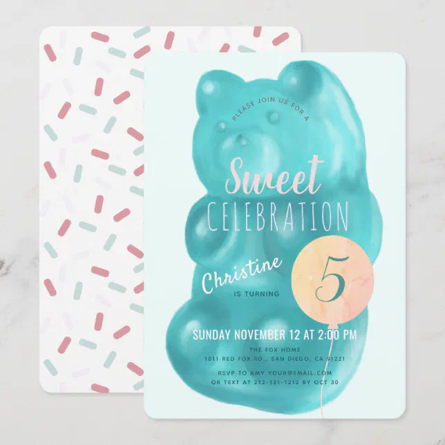Cute Blue Gummy Bear Sweet Candy Birthday Invitation | Zazzle