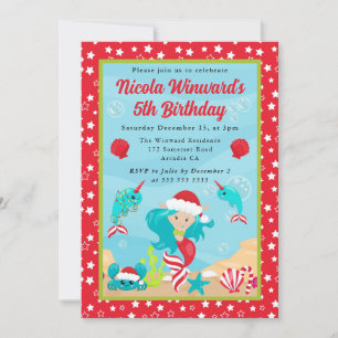 Cute Blue Haired Christmas Mermaid Kids Birthday Invitation