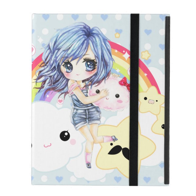 Cute blue haired girl with rainbow and stars iPad case (Front Closed)