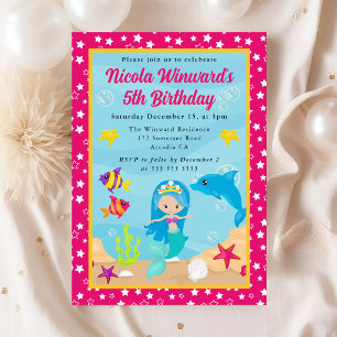 Cute Blue Haired Mermaid Kids Birthday Invitation