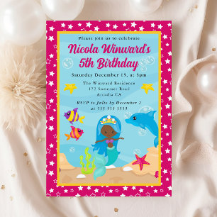 Cute Blue Haired Mermaid Kids Birthday  Invitation