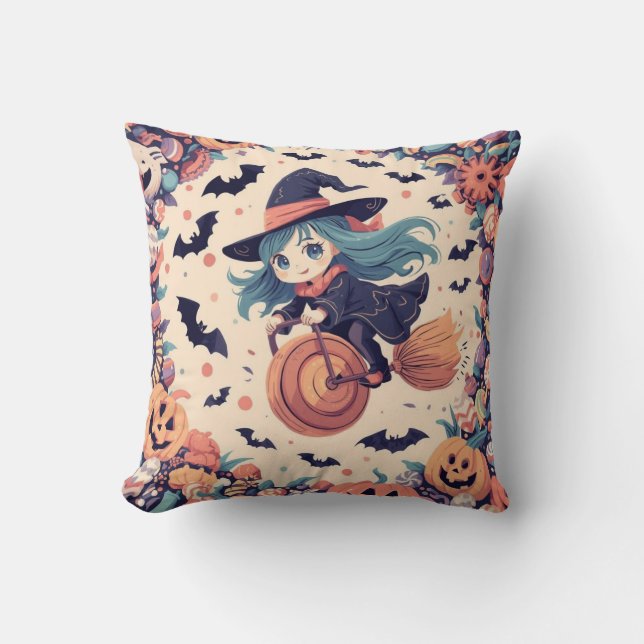Cute Blue-Haired Witch Halloween Pillow (Front)