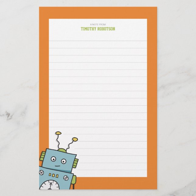 Cute Blue Hand Drawn Robot (Lined) Stationery (Front)