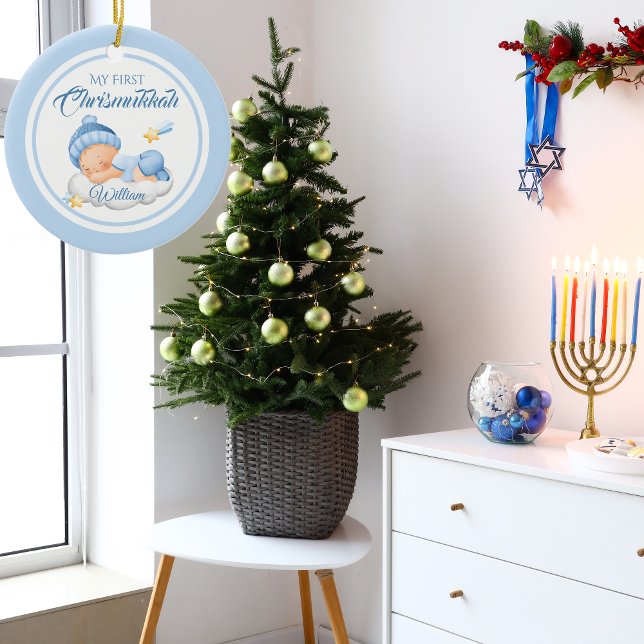 Cute Blue Hanukkah Baby's First Chrismukkah  Ceramic Ornament (Creator Uploaded)