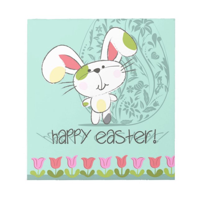 Cute Blue Happy Easter cartoon bunny Notepad (Front)